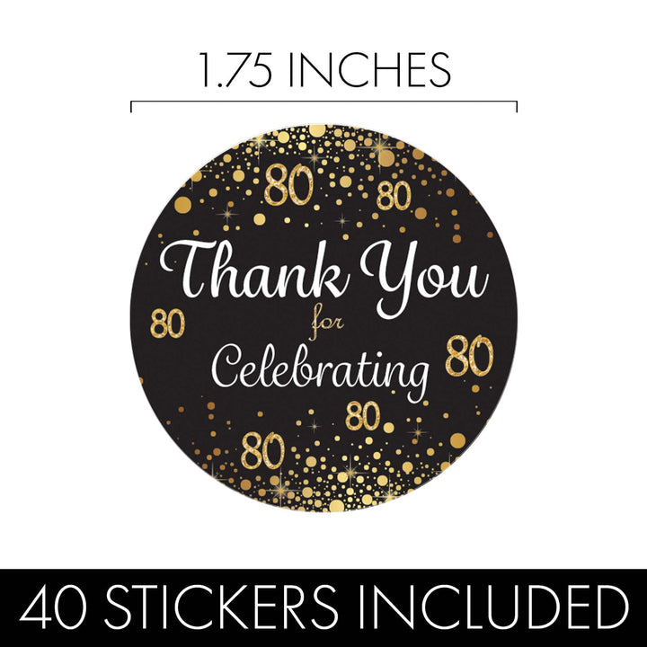 80th Birthday: Black & Gold - Adult Birthday -  Thank You Stickers - 40 Stickers - Distinctivs Party