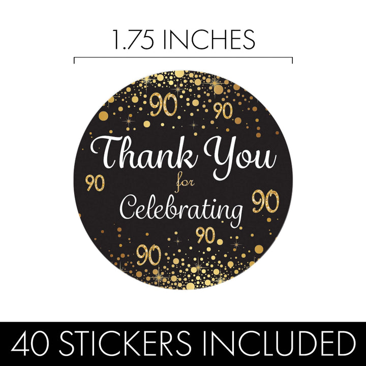 90th Birthday: Black & Gold - Adult Birthday - Thank You Stickers - 40 Stickers - Distinctivs Party