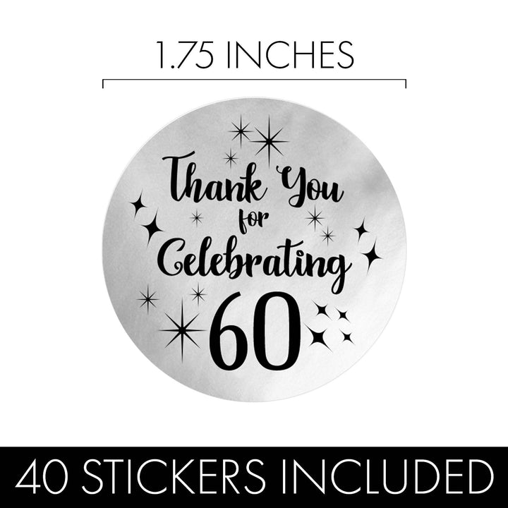 60th Birthday: Black and Silver - Adult Birthday - Thank You - Round Favor Stickers - 40 Stickers - Distinctivs Party