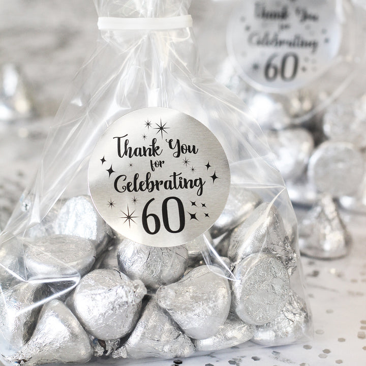 60 cumpleaños: negro y plateado - Cumpleaños de adulto - Gracias - Pegatinas redondas para regalos - 40 pegatinas