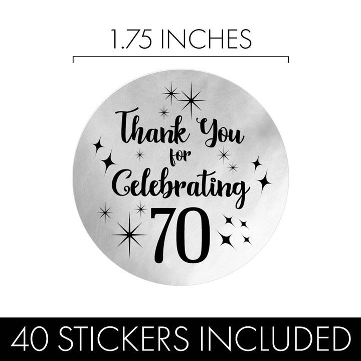 70th Birthday: Black and Silver Shiny Foil - Adult Birthday - Round Favor Stickers - 40 Stickers - Distinctivs Party