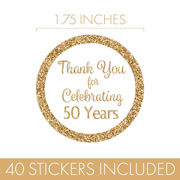 50th Birthday: White and Gold - Adult Birthday -  Thank You Round Favor Stickers - 40 Stickers - Distinctivs Party