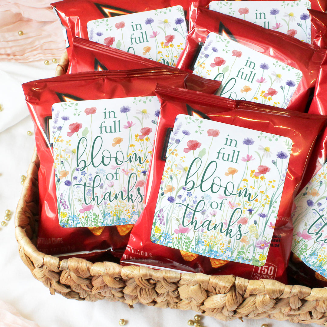 Little Wildflower: Baby Shower Popcorn Bag Stickers | Spring Baby Shower Snack Bag Chip Labels