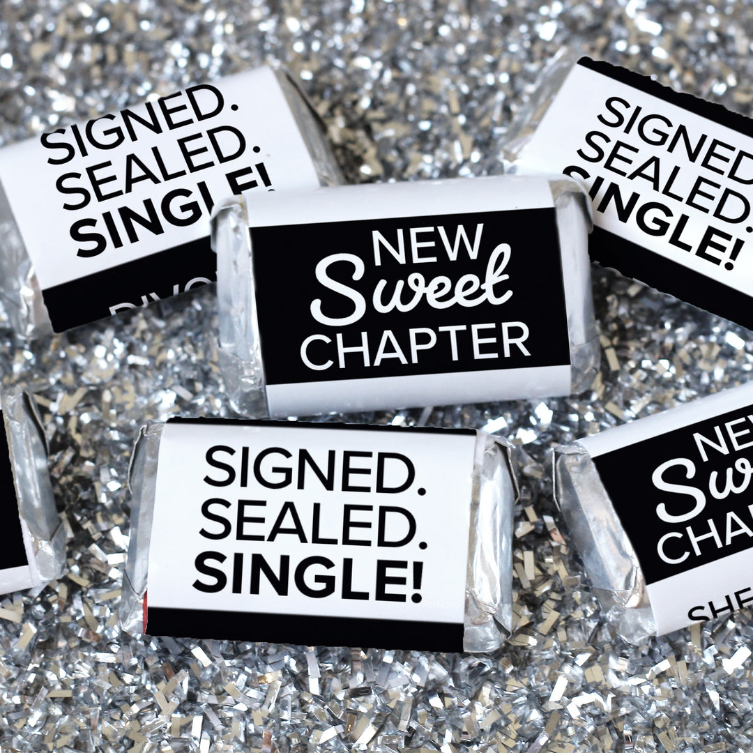 Signed Sealed Single Divorce Party Mini Candy Bar Stickers – 42 Black & White Candy Favor Labels