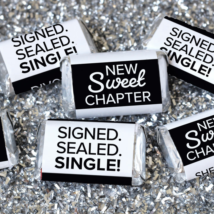 Signed Sealed Single Divorce Party Mini Candy Bar Stickers – 42 Black & White Candy Favor Labels