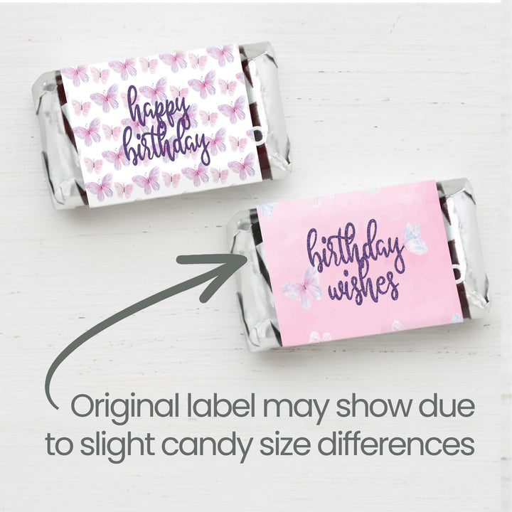 Deseos de mariposa: morado y rosa - Cumpleaños infantil - Pegatinas para envoltorios de barra de caramelos en miniatura de Hershey - 45 pegatinas