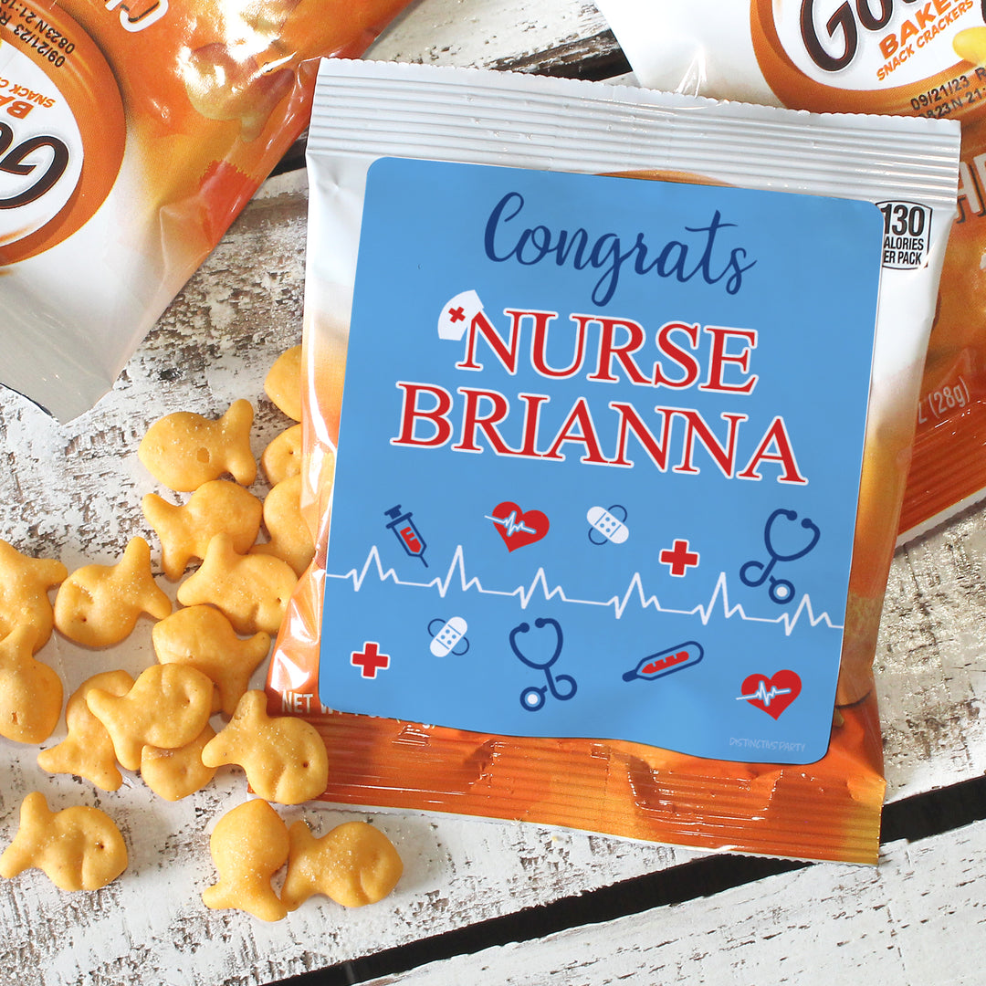 Personalized Nursing Graduation: Blue and Red - Custom Name  - Chip Bag and Snack Bag Stickers - 32 Stickers