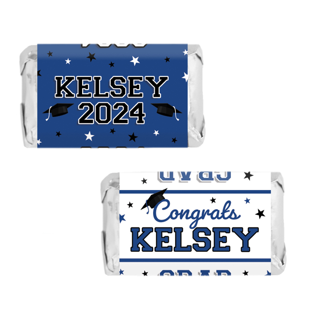 Graduación personalizada: 16 opciones de color - Nombre y año personalizados - Mini envoltorios para barra de dulces - Se adapta a miniaturas Hershey® - 45, 250 o 500 pegatinas