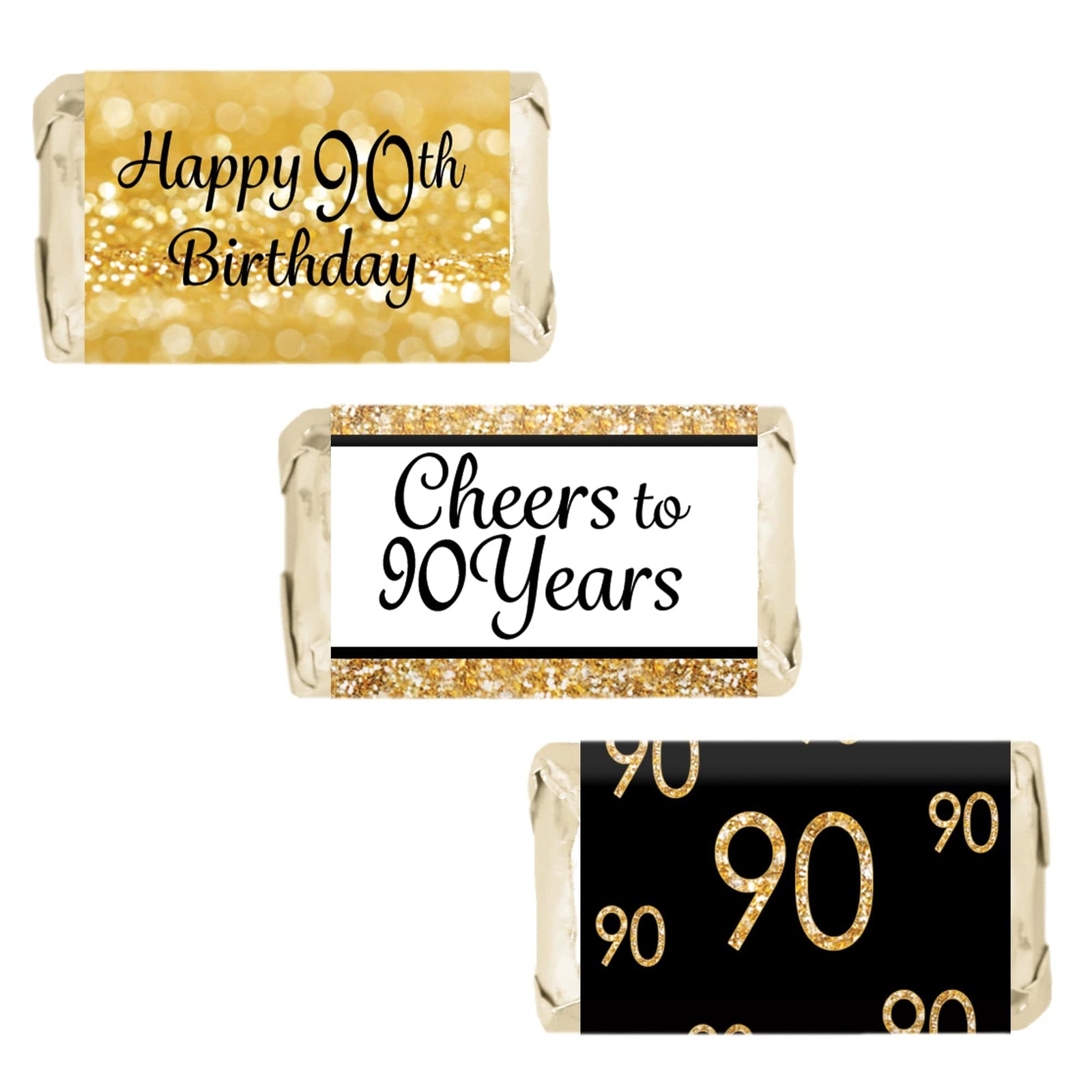 90th Birthday: Black & Gold - Hershey's Miniatures Candy Bar Wrappers Stickers - 45 Stickers - Distinctivs Party