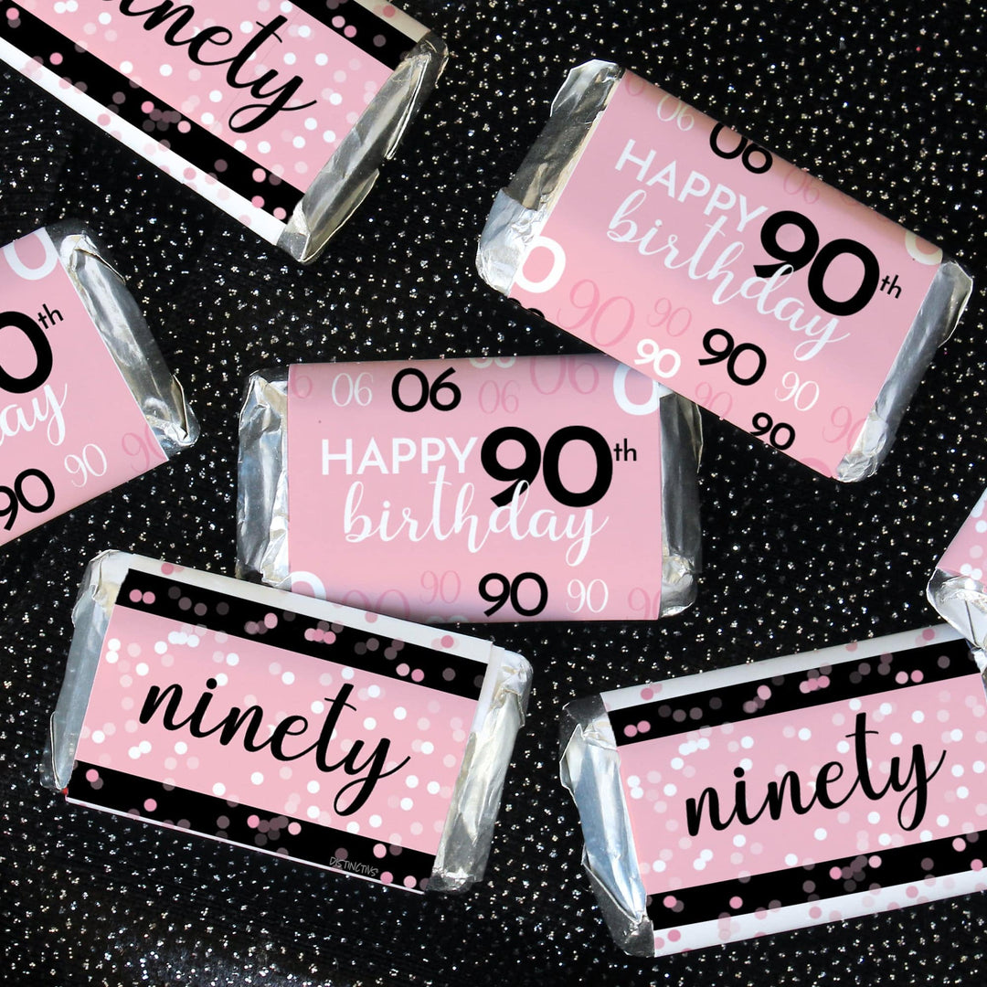 90th Birthday: Pink and Black - Adult Birthday - Hershey's Miniatures Candy Bar Wrappers Stickers - 45 Stickers - Distinctivs Party