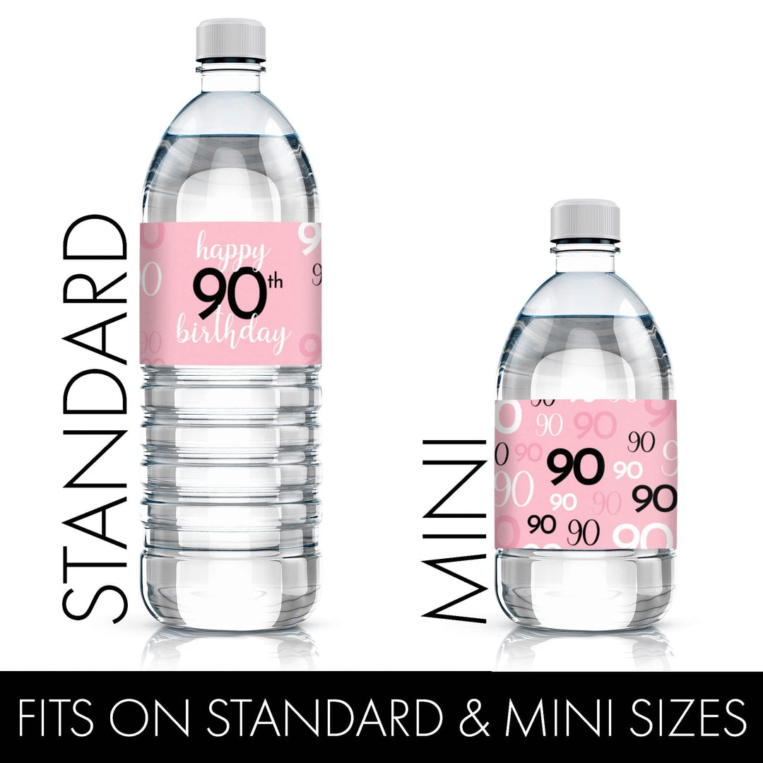 90th Birthday: Pink and Black - Adult Birthday - Water Bottle Label Stickers - 24 Waterproof Stickers - Distinctivs Party