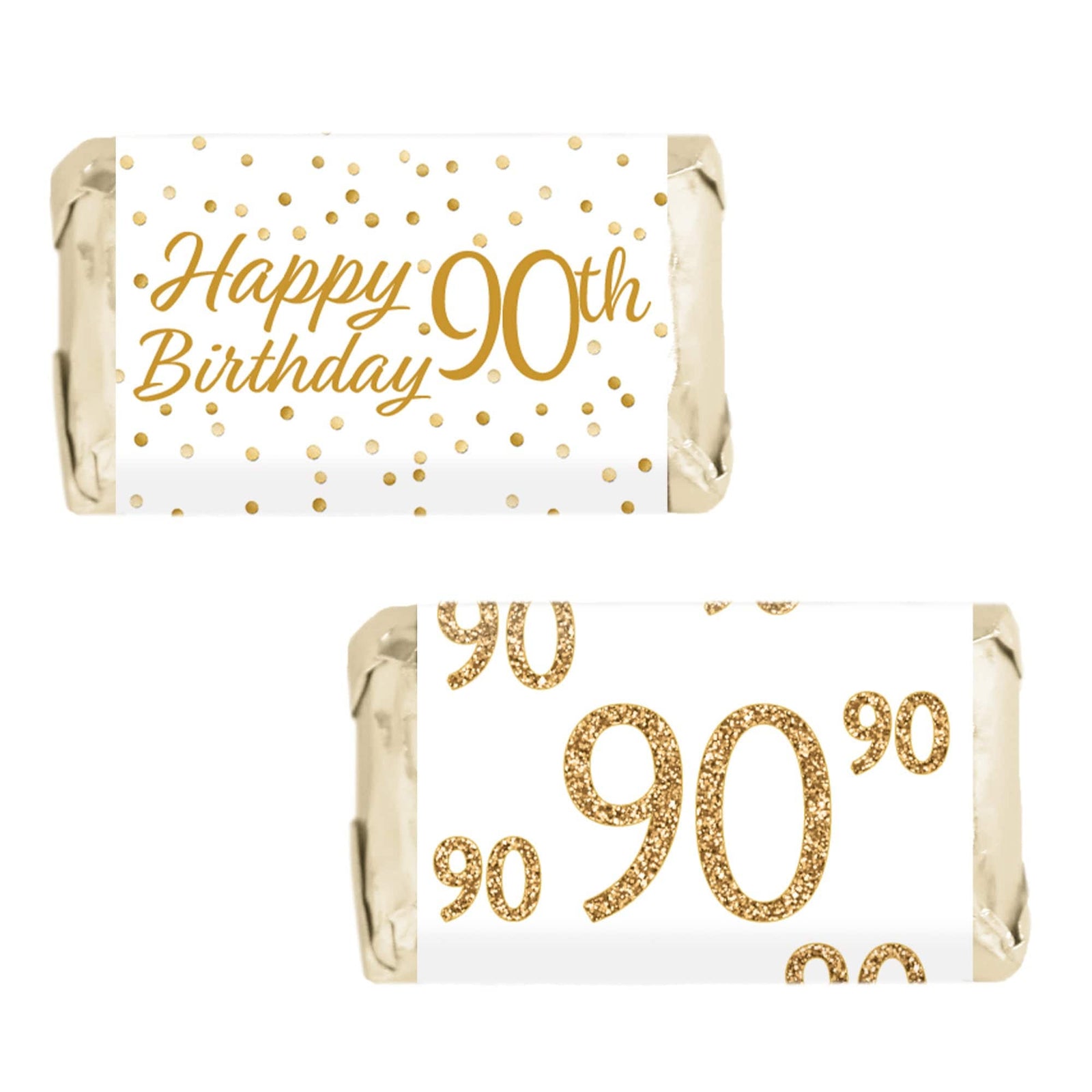 90th Birthday: White and Gold  - Adult Birthday - Hershey's Miniatures Candy Bar Wrappers Stickers - 45 Stickers - Distinctivs Party