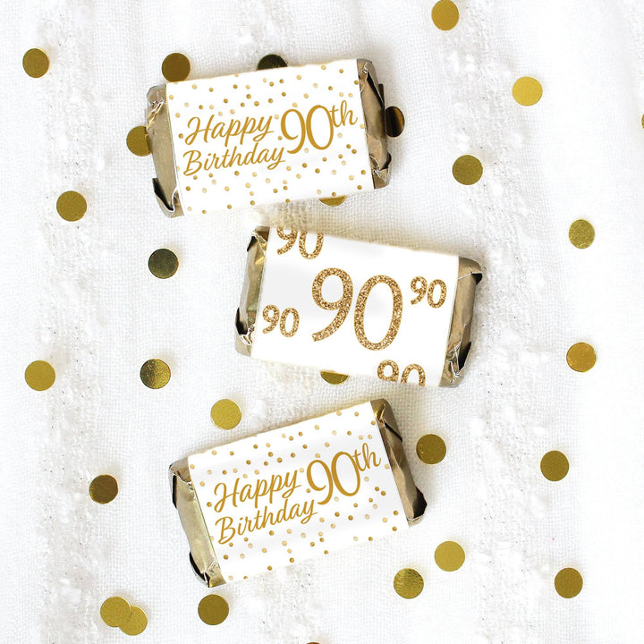 90th Birthday: White and Gold  - Adult Birthday - Hershey's Miniatures Candy Bar Wrappers Stickers - 45 Stickers - Distinctivs Party