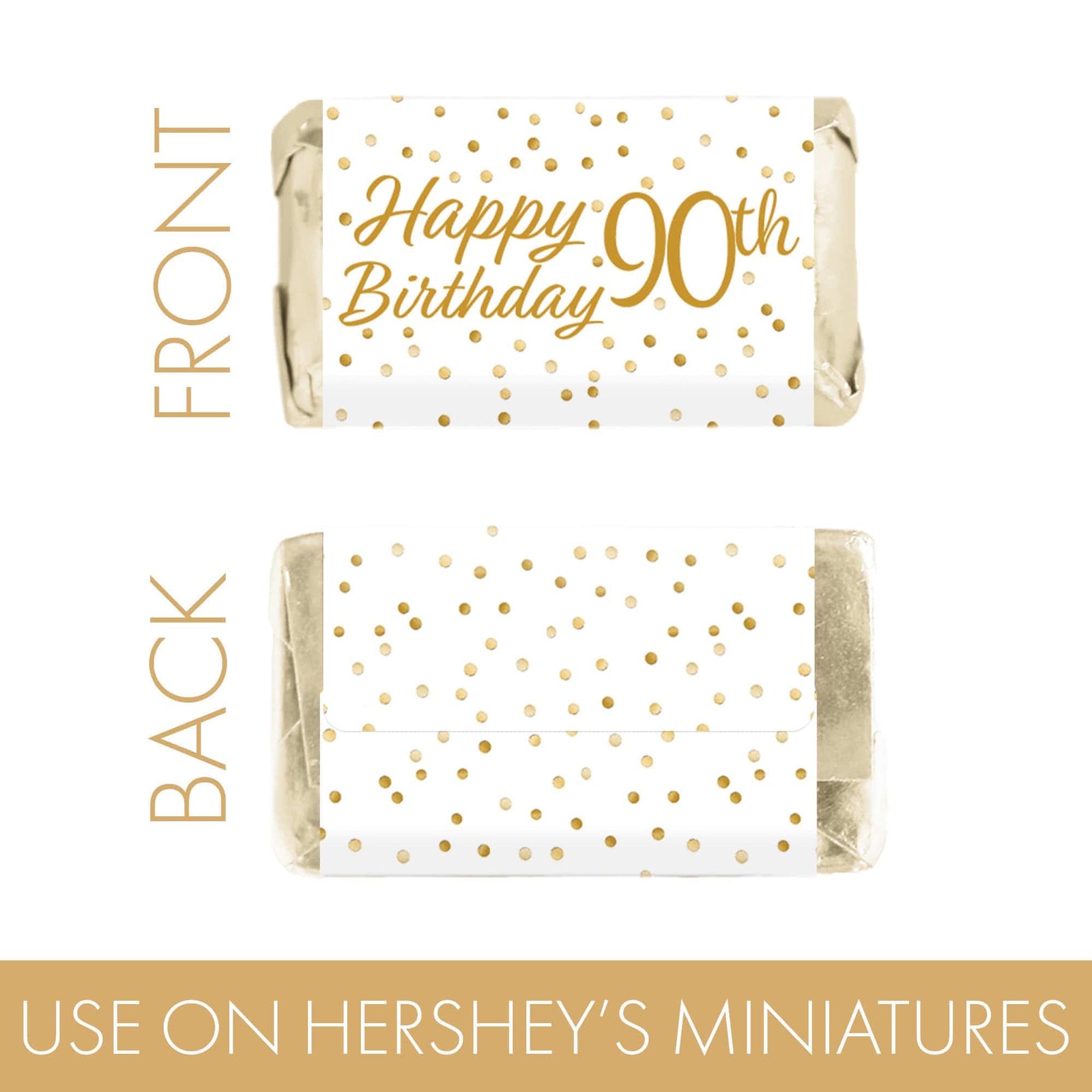 90th Birthday: White and Gold  - Adult Birthday - Hershey's Miniatures Candy Bar Wrappers Stickers - 45 Stickers - Distinctivs Party