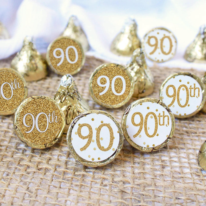 90th Birthday: White and Gold  - Adult Birthday - Party Favor Stickers - Fits on Hershey's Kisses - 180 Stickers - Distinctivs Party