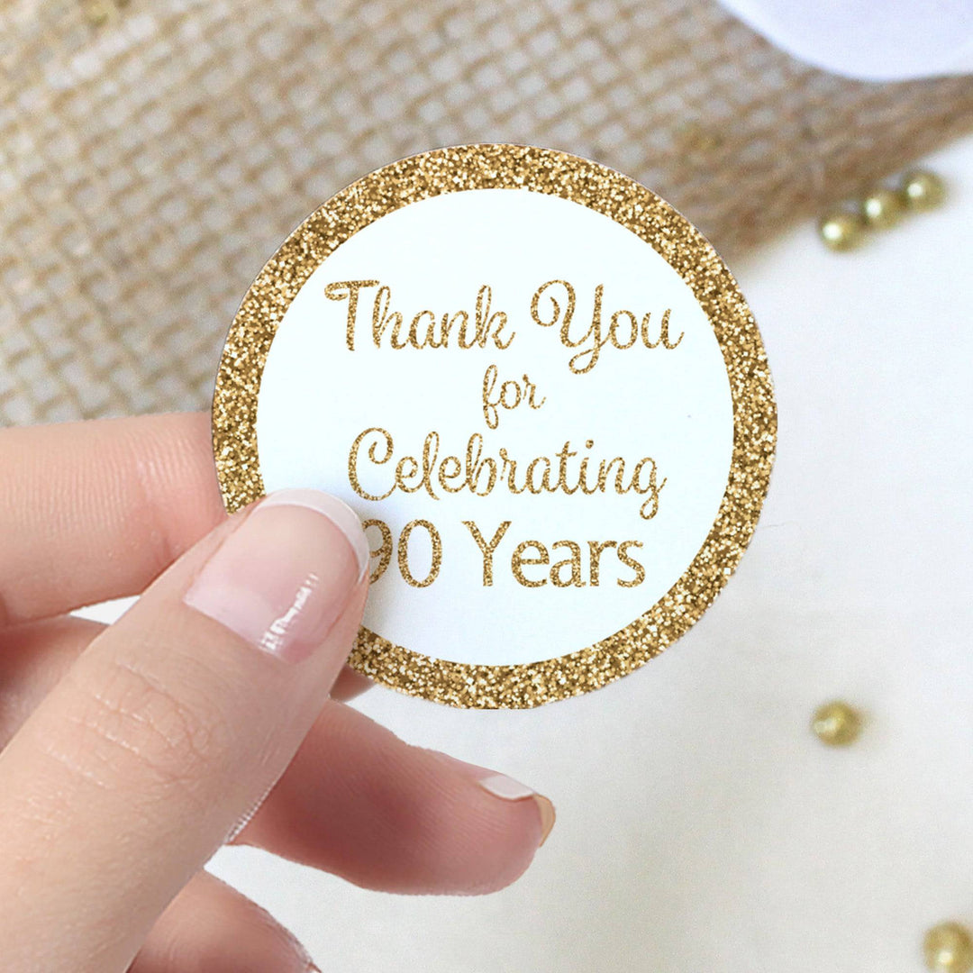 90th Birthday: White and Gold  - Adult Birthday -  Round Favor Stickers - 40 Stickers - Distinctivs Party