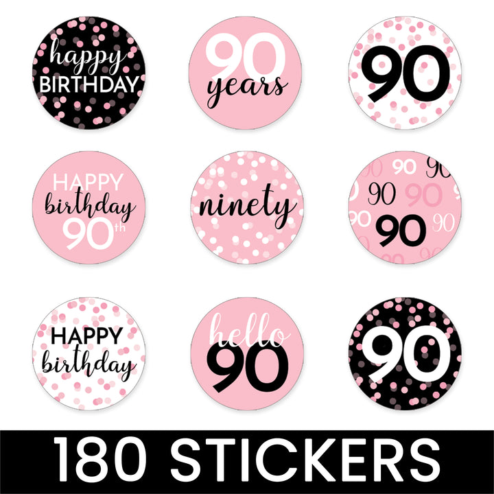 90.º cumpleaños: rosa y negro - Cumpleaños de adultos - Pegatinas para regalos de fiesta - Se adapta a Hershey's Kisses - 180 pegatinas