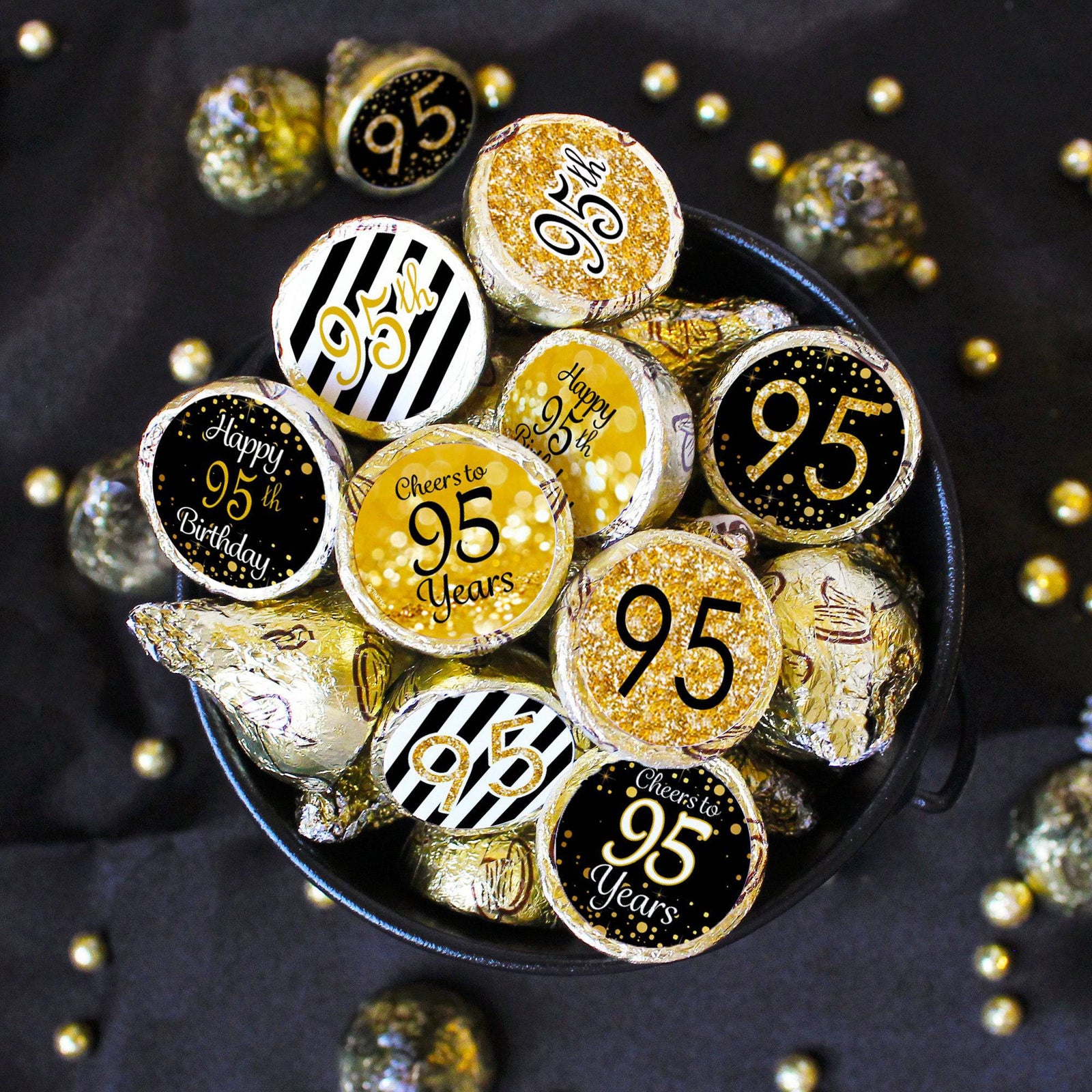 95th Birthday: Black and Gold - Party Favor Stickers - Fits on Hershey's Kisses - 180 Stickers - Distinctivs Party