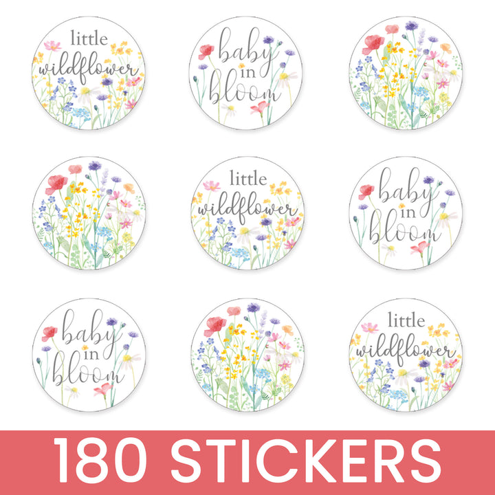 Little Wildflower: Pegatinas de dulces para baby shower para niña, besos, primavera, 180 pegatinas florales para regalos de fiesta 