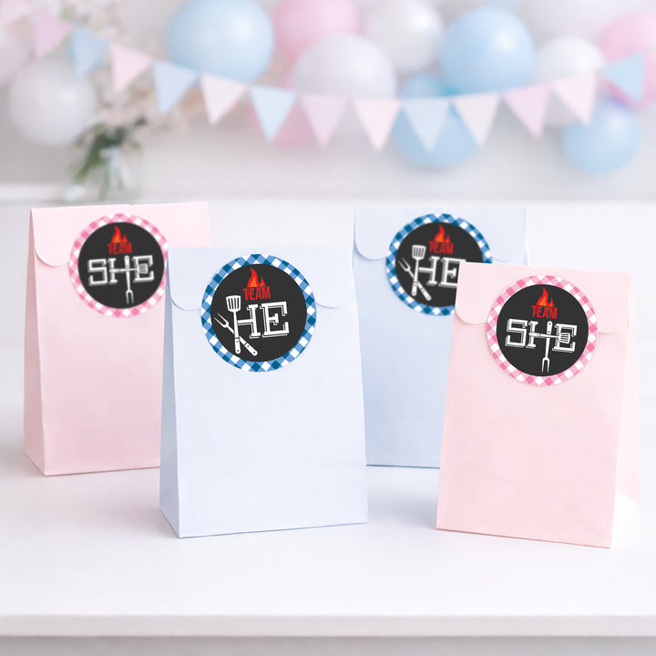Baby-Q: Baby Shower con revelación de género de barbacoa de verano, pegatinas del equipo Él o del equipo Ella, 40 pegatinas