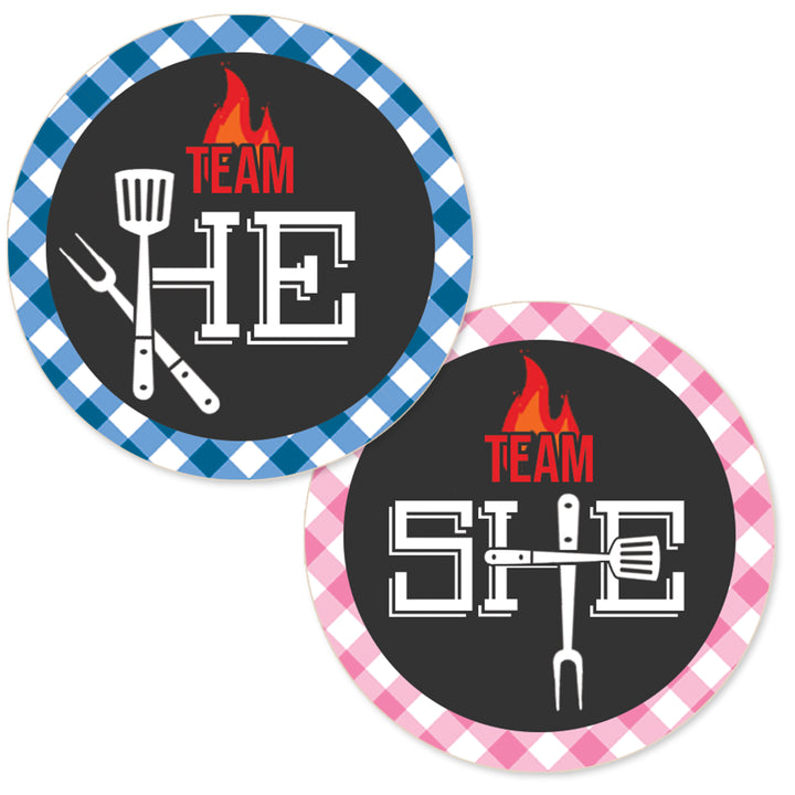 Baby-Q: Baby Shower con revelación de género de barbacoa de verano, pegatinas del equipo Él o del equipo Ella, 40 pegatinas