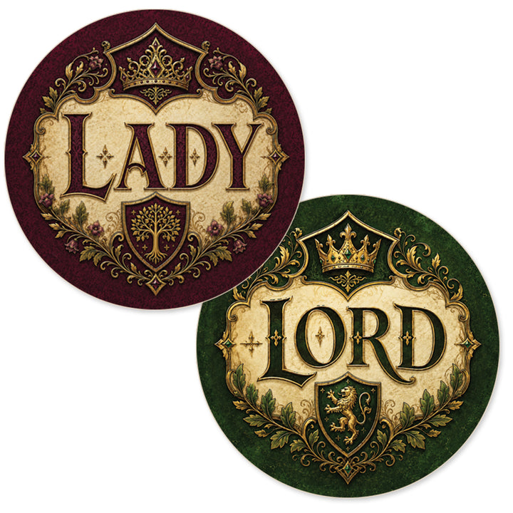Distinctivs Lord and Lady gender reveal voting stickers, 1.75 inch round heraldic crests in crimson and emerald green