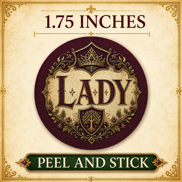Size chart showing the Lady gender reveal sticker is 1.75 inches round and peel-and-stick