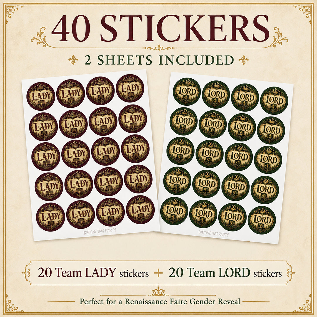 Two sticker sheets showing 20 Team Lady and 20 Team Lord gender reveal voting stickers, 40 total