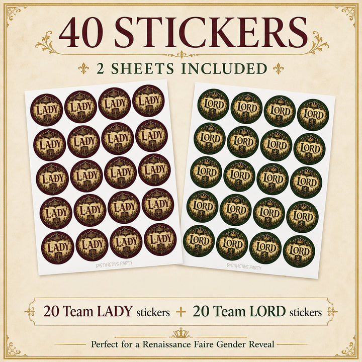 Two sticker sheets showing 20 Team Lady and 20 Team Lord gender reveal voting stickers, 40 total