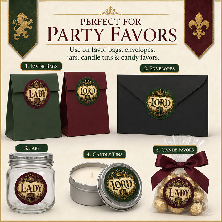 Red and green party favor bags with Lord and Lady stickers, surrounded by balloons and a medieval-themed banner