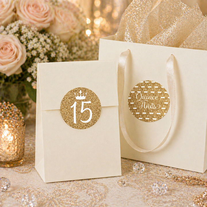 Quinceañera: White & Gold - Sparkling Mis Quince 15th Birthday - Party Favor Stickers - 40 Stickers