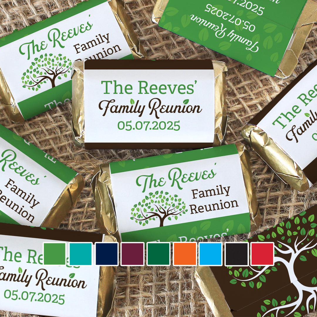 Personalized Family Reunion Mini Candy Bar Labels - 45 or 250 Stickers (9 Color Choices)