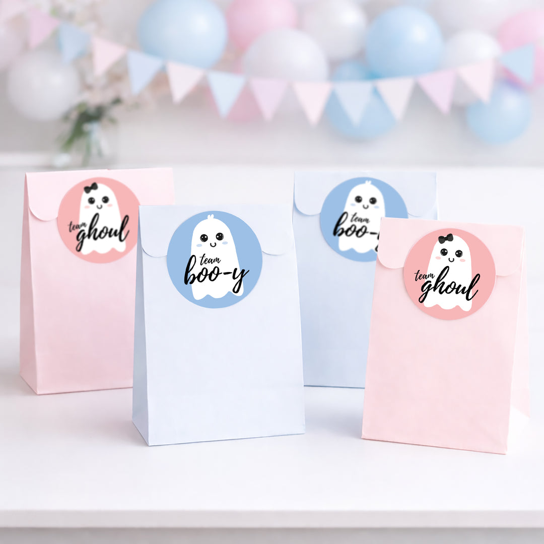 Halloween Baby Gender Reveal Party: Little Boo - Fall Blue Team Boo-y or Pink Team Ghoul Voting Stickers - 40 Stickers
