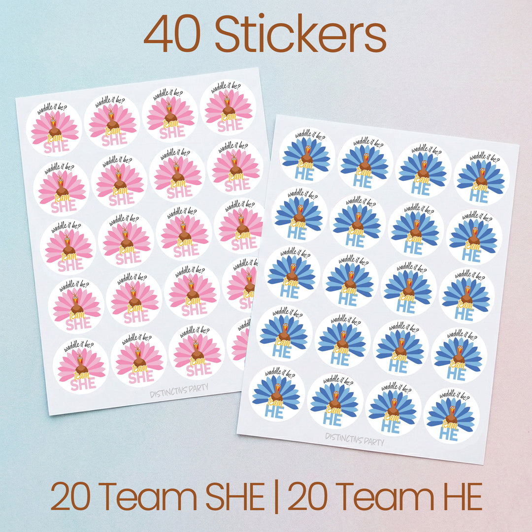 Thanksgiving Turkey Gender Reveal Stickers  - Team He or She - 40 Stickers