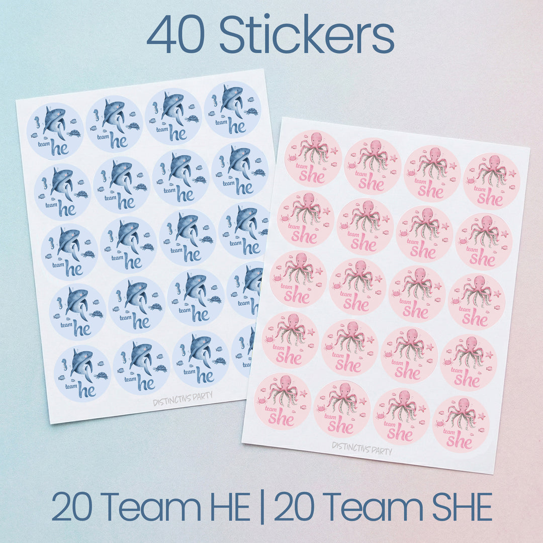 Under the Sea: Gender Reveal Party - Team He or Team She - 40 Stickers