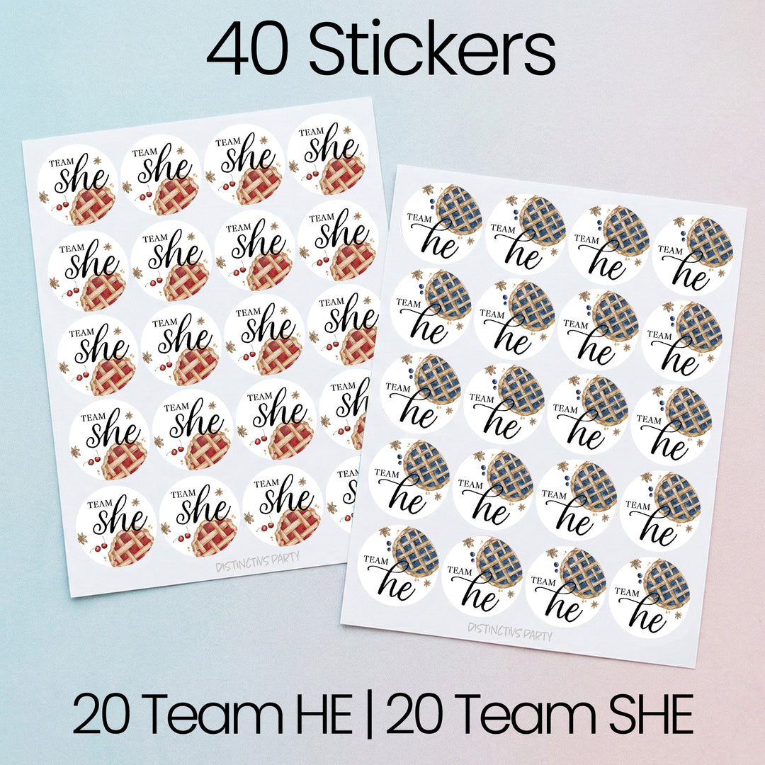 Cutie Pie Gender Reveal Party Stickers - Team He or Team She - 40 pack (1.75" Round)