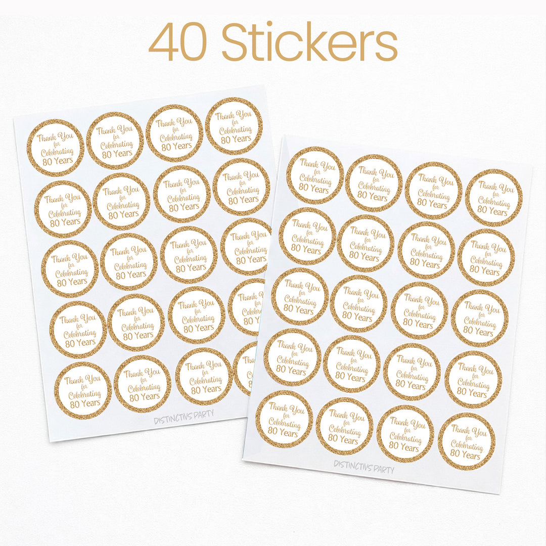 80th Birthday: White and Gold - Adult Birthday -  Thank You - Round Favor Stickers - 40 Stickers