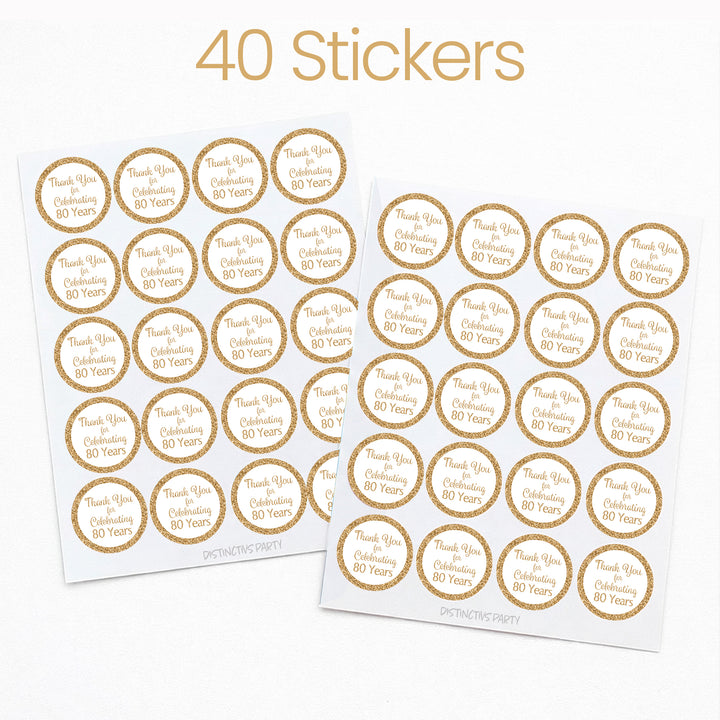 80th Birthday: White and Gold - Adult Birthday -  Thank You - Round Favor Stickers - 40 Stickers