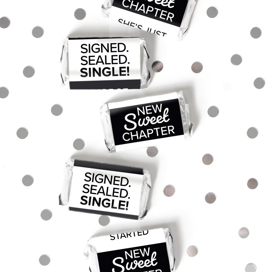 Signed Sealed Single Divorce Party Mini Candy Bar Stickers – 42 Black & White Candy Favor Labels