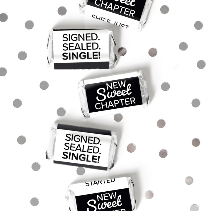 Signed Sealed Single Divorce Party Mini Candy Bar Stickers – 42 Black & White Candy Favor Labels
