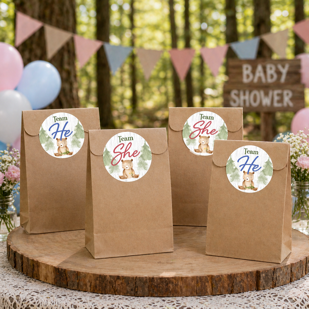 Woodland Bear: Gender Reveal Party - We Can Bearly Wait, Team He or She - 40 Stickers