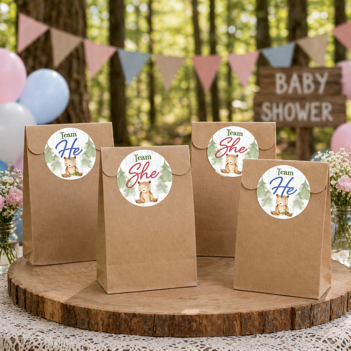 Woodland Bear: Gender Reveal Party - We Can Bearly Wait, Team He or She - 40 Stickers
