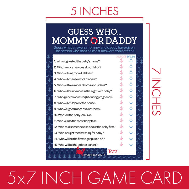 Ahoy It's a Boy: Baby Shower Game - "Guess Who" Mommy or Daddy and All Things Nautical -  Two Game Bundle - 20 Dual Sided Cards