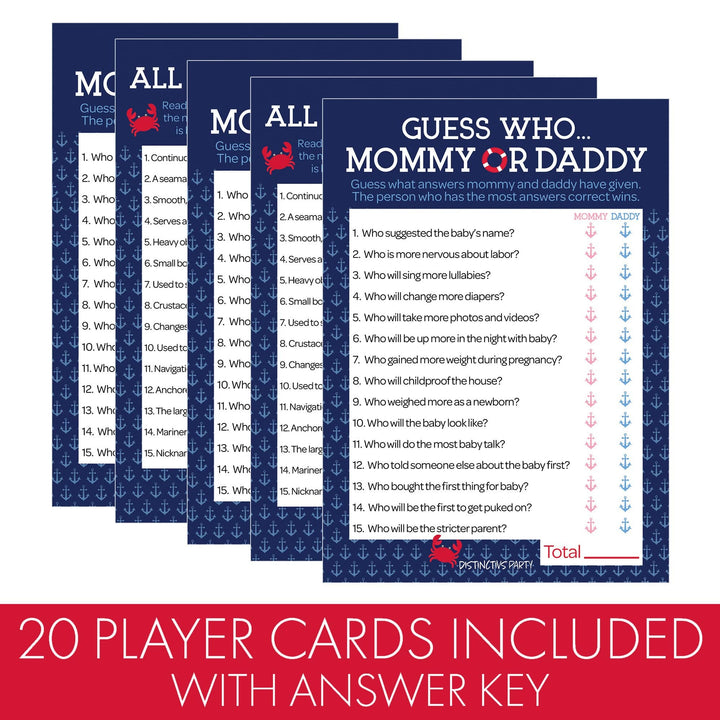 Ahoy It's a Boy: Baby Shower Game - "Guess Who" Mommy or Daddy and All Things Nautical -  Two Game Bundle - 20 Dual Sided Cards