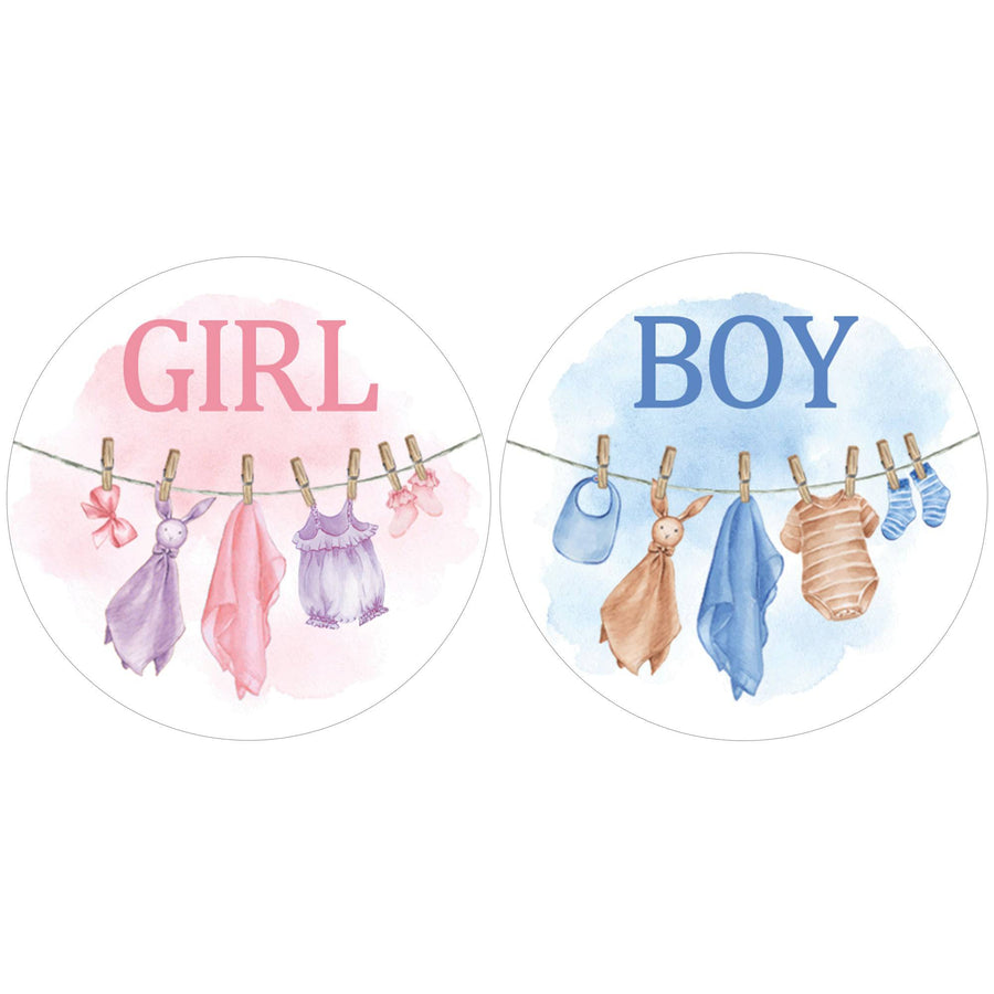 Baby Clothesline: Gender Reveal Party - Girl or Boy - 40 Stickers - Distinctivs Party