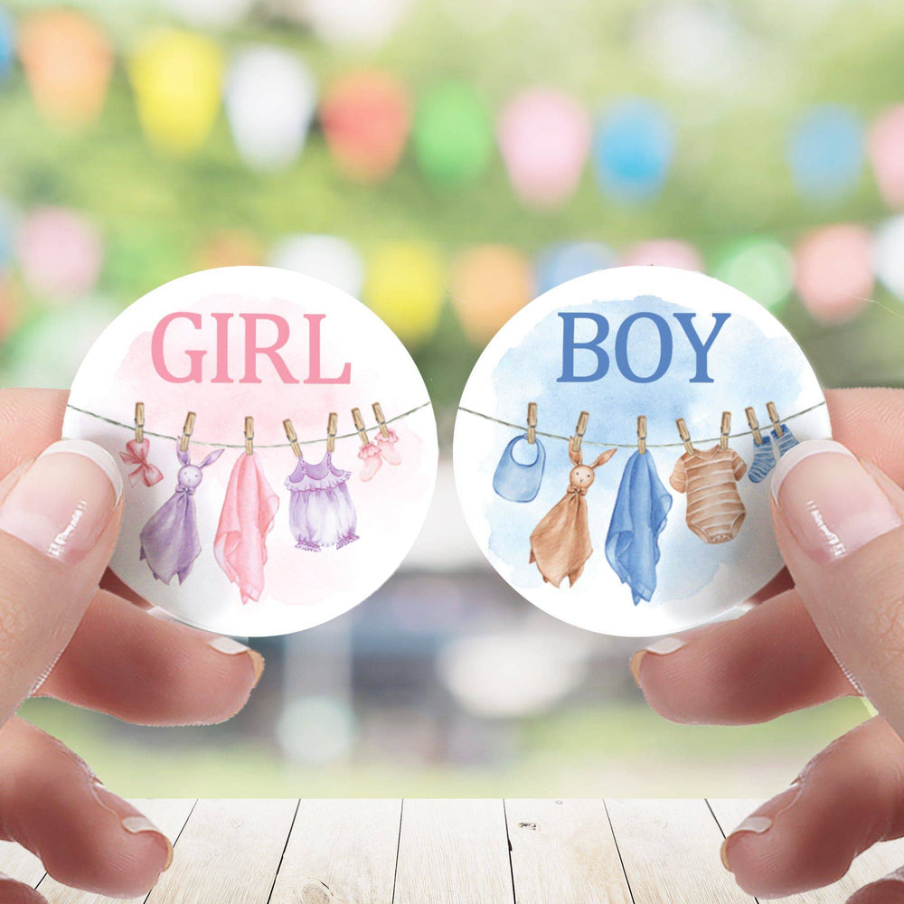 Baby Clothesline: Gender Reveal Party - Girl or Boy - 40 Stickers - Distinctivs Party