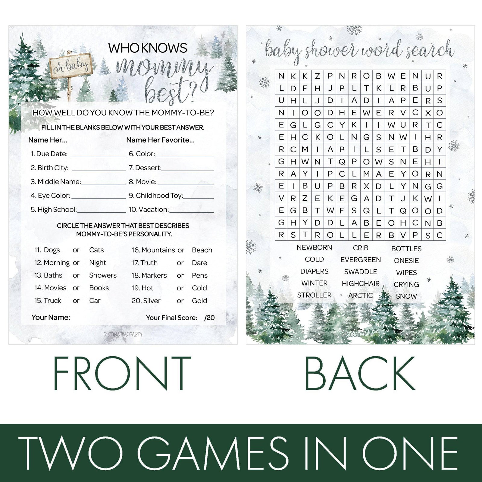Baby It's Cold Outside Evergreen: Winter Baby Shower Game  - Word Search and Who Knows Mommy Best - Two Game Bundle - 20 Dual Sided Cards - Distinctivs Party