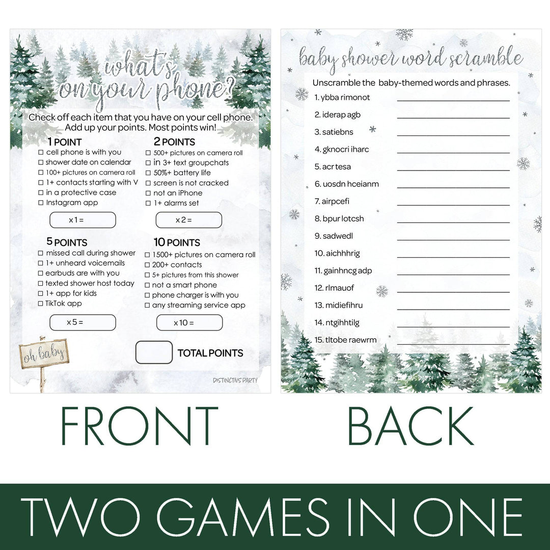 Baby It's Cold Outside Evergreen: Winter Baby Shower - What's On Your Phone and Word Scramble -  Baby Shower Game - Two Game Bundle -  20 Dual Sided Cards - Distinctivs Party