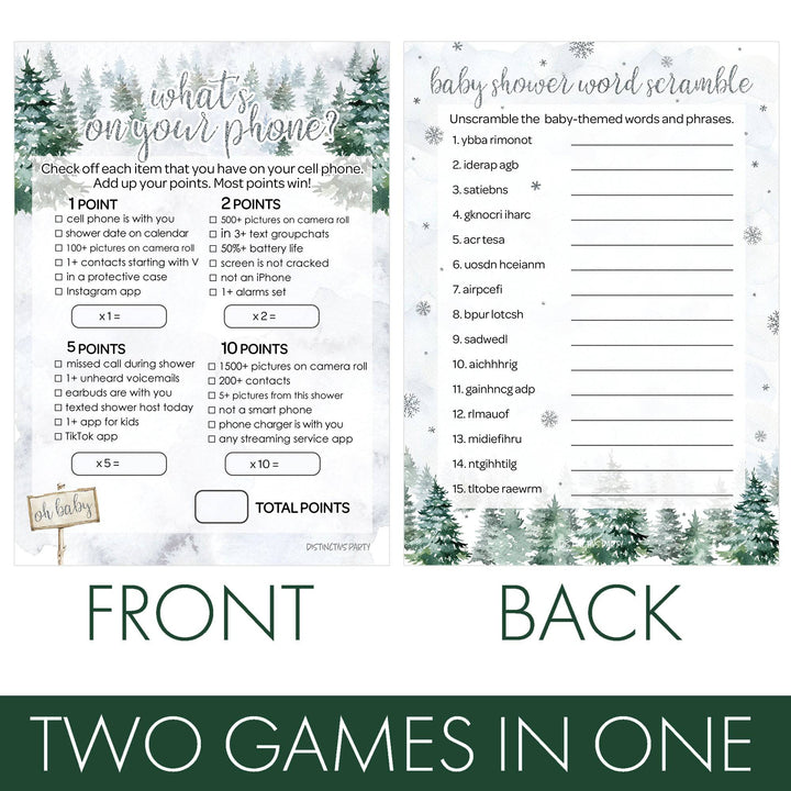 Baby It's Cold Outside Evergreen: Winter Baby Shower - What's On Your Phone and Word Scramble -  Baby Shower Game - Two Game Bundle -  20 Dual Sided Cards - Distinctivs Party