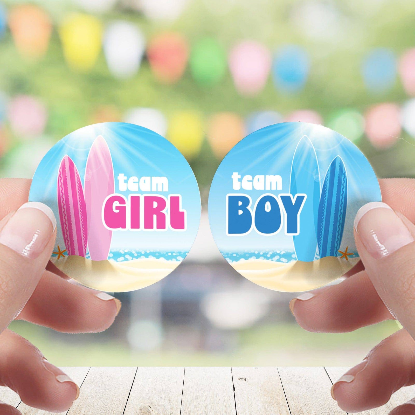 Baby on Board: Gender Reveal Party - Team Boy or Team Girl, Surf Themed - 40 Stickers - Distinctivs Party